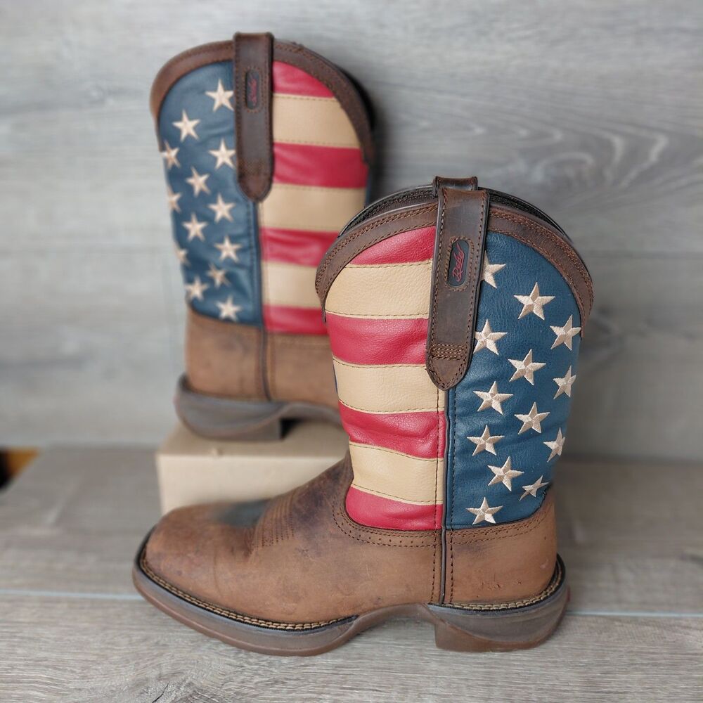 Durango Rebel Western Boots Mens 9.5 Brown Leather American Flag Square Toe USA